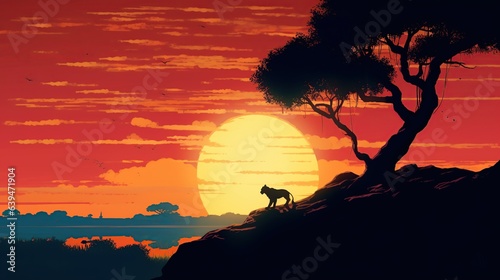 Lion in the savannah at sunset