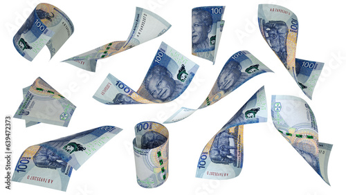 3D rendering of 2023 South African rand notes flying in different angles and orientations isolated on transparent background