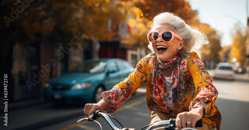 Grandmother's Cycling Adventure: On a serene autumn afternoon, an adult woman revels in a leisurely bike ride, embracing the vibrant colors of the season.