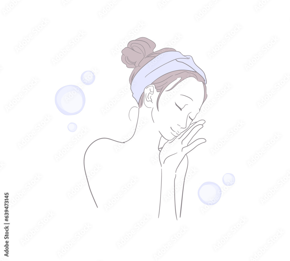 Obraz premium スキンケア後の肌にうっとりする女性のイメージイラスト