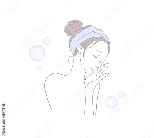 スキンケア後の肌にうっとりする女性のイメージイラスト