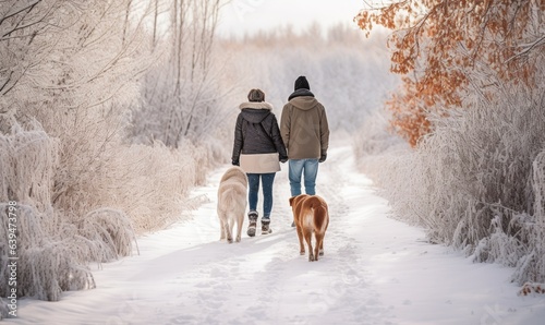 The couple shared a loving smile as they watched their golden retriever playfully chase snowflakes, creating joyful memories in the winter scenery.