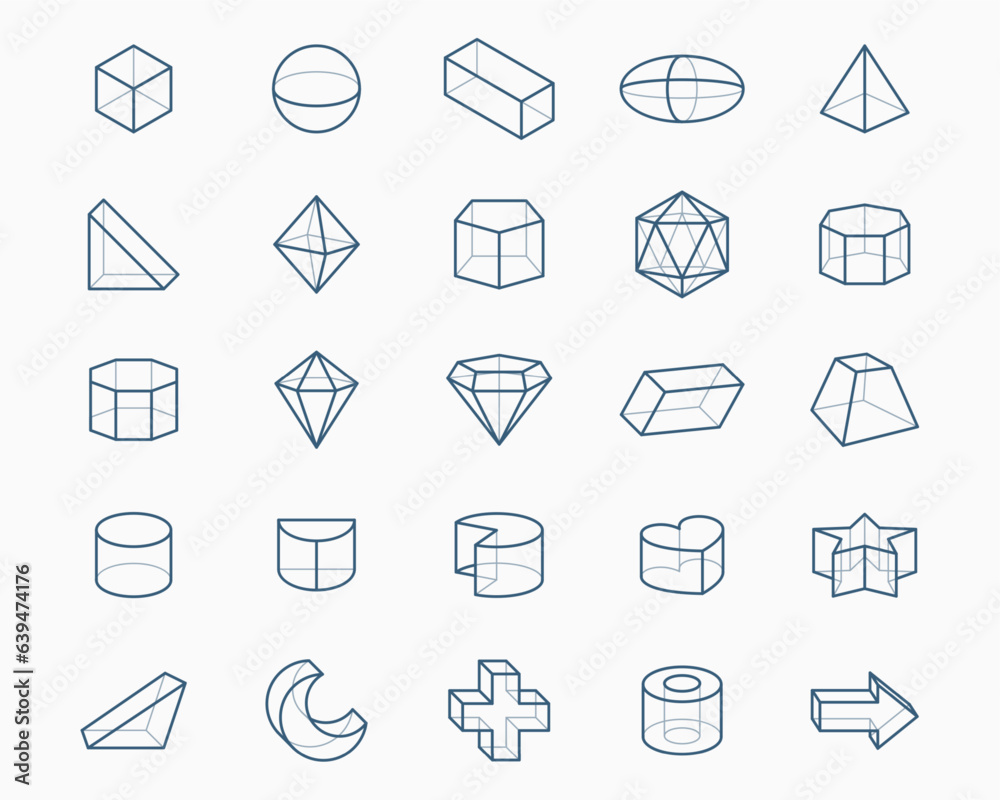 pack of 3d geometric shapes icon in line style pack of 3d geometric shapes icon in line style