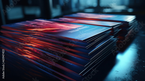 Printshop interior with stack of different broshures and booklets on typography table