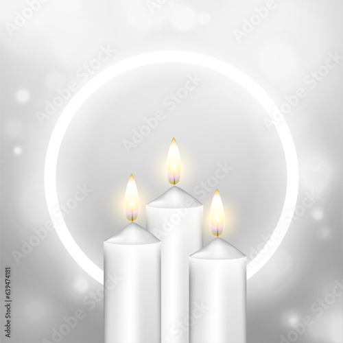 realistic burning church candle shiny background with neon frame