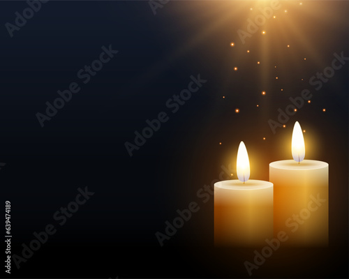 realistic two burning candle dark background with light effect