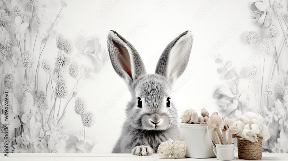 Obraz premium cute animal pet rabbit or bunny white color smiling and laughing isolated with copy space for easter background, rabbit, animal, pet, cute, fur, ear, mammal, background, celebration, generate by AI.