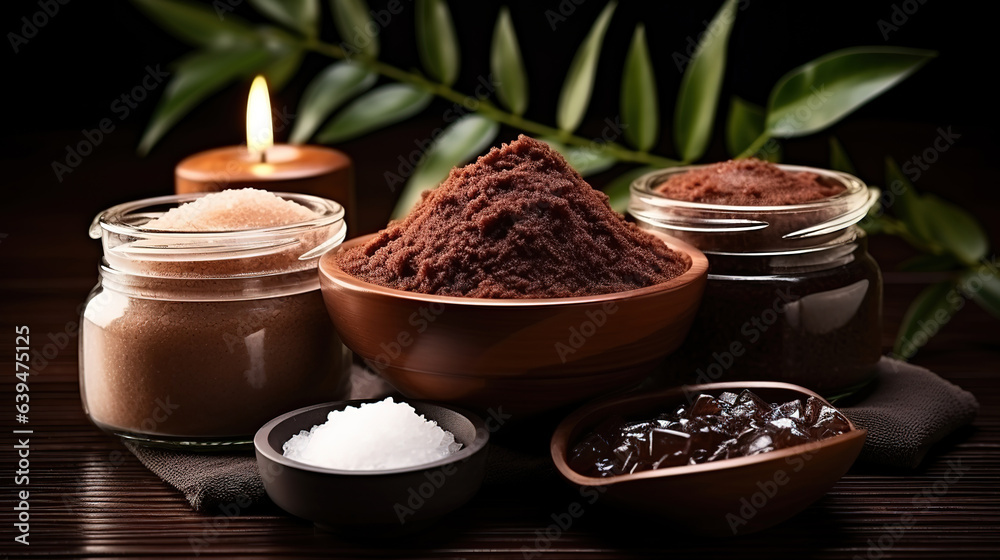 Spa treatment. Chocolate mask, bath salt, brown sugar scrub for skin. Generative Ai Spa treatment. Chocolate mask, bath salt, brown sugar scrub for skin. Generative Ai