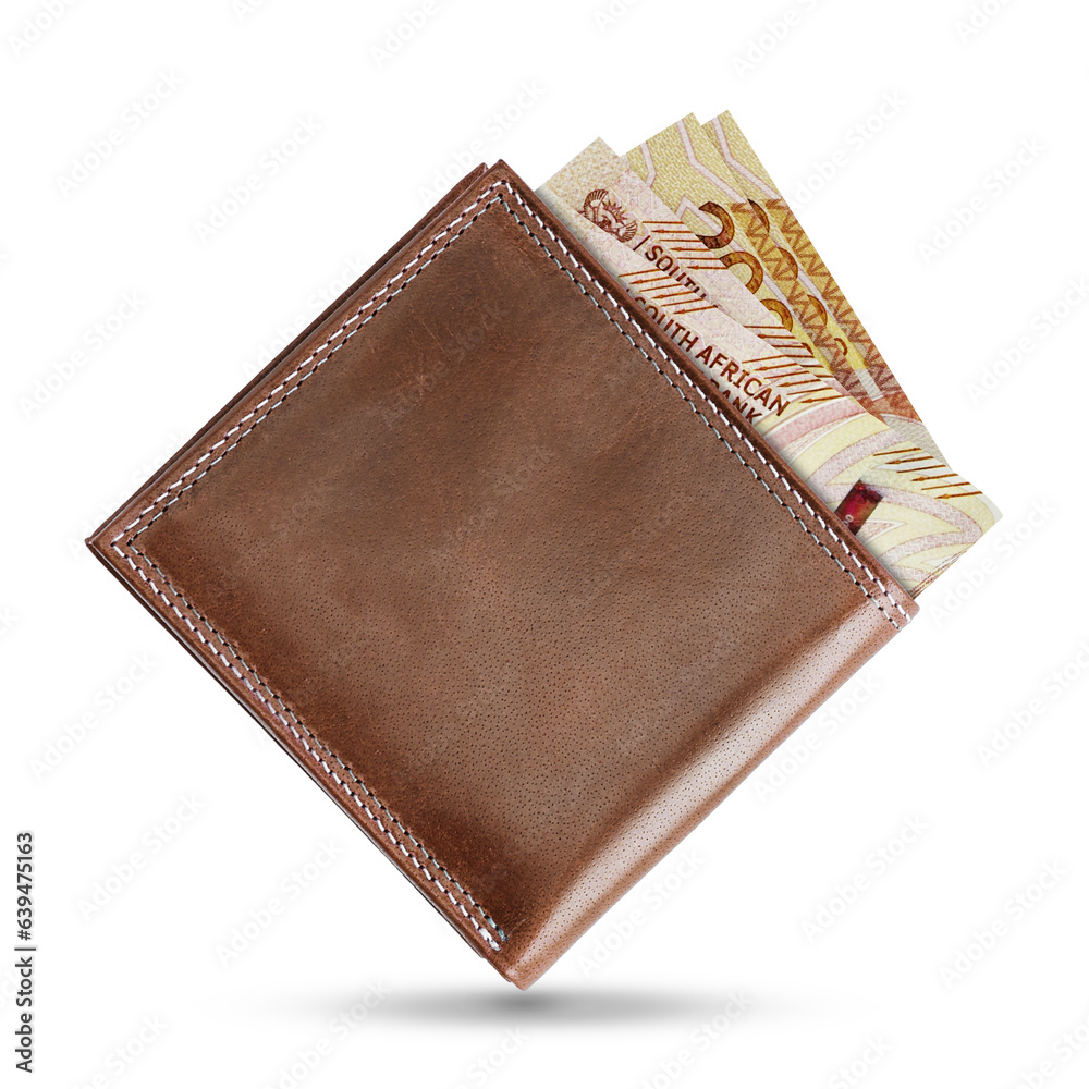 3D rendering of 200 South African rand notes popping out of a brown leather men’s wallet
3D rendering of 200 South African rand notes popping out of a brown leather men’s wallet