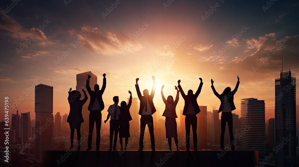 Fototapeta premium Silhouette of business team stand and feel happy on the most hight at stand on sunset, success, leader, teamwork, target, Aim, confident, achievement, goal, on plan, finish, generate by AI