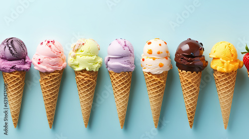Selection of various bright multicolored ice-cream in ice cream cones - chocolate vanilla blueberry strawberry pistachio orange. Generative Ai