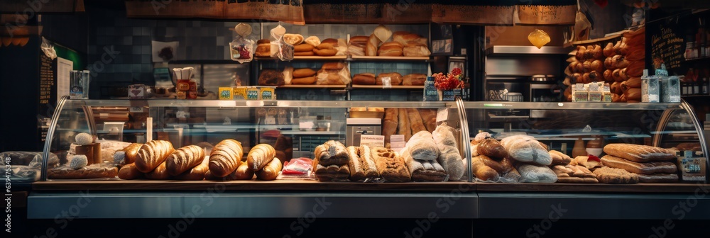 Modern bakery with different kinds of bread, cakes and buns. Banner. Generative ai