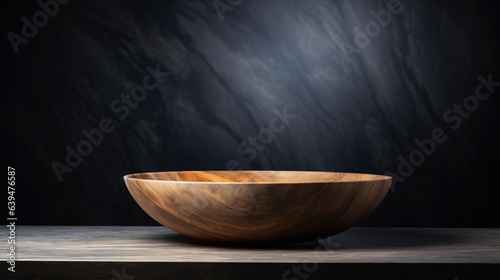 Handcrafted empty wooden bowl. in dark background