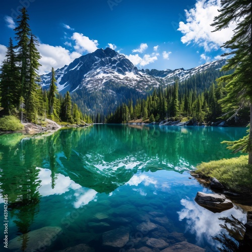 A serene mountain lake reflecting the azure sky, surrounded by evergreens, capturing nature's untouched beauty and the essence of tranquility. © New Robot