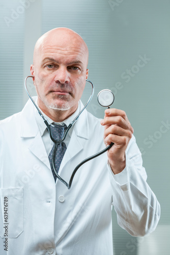 Bald doctor displays stethoscope, unsettling confidence