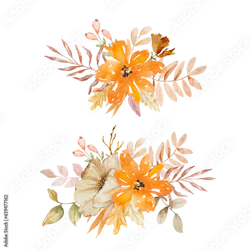 Watercolor elegant bouquet of autumn flowers and leaves