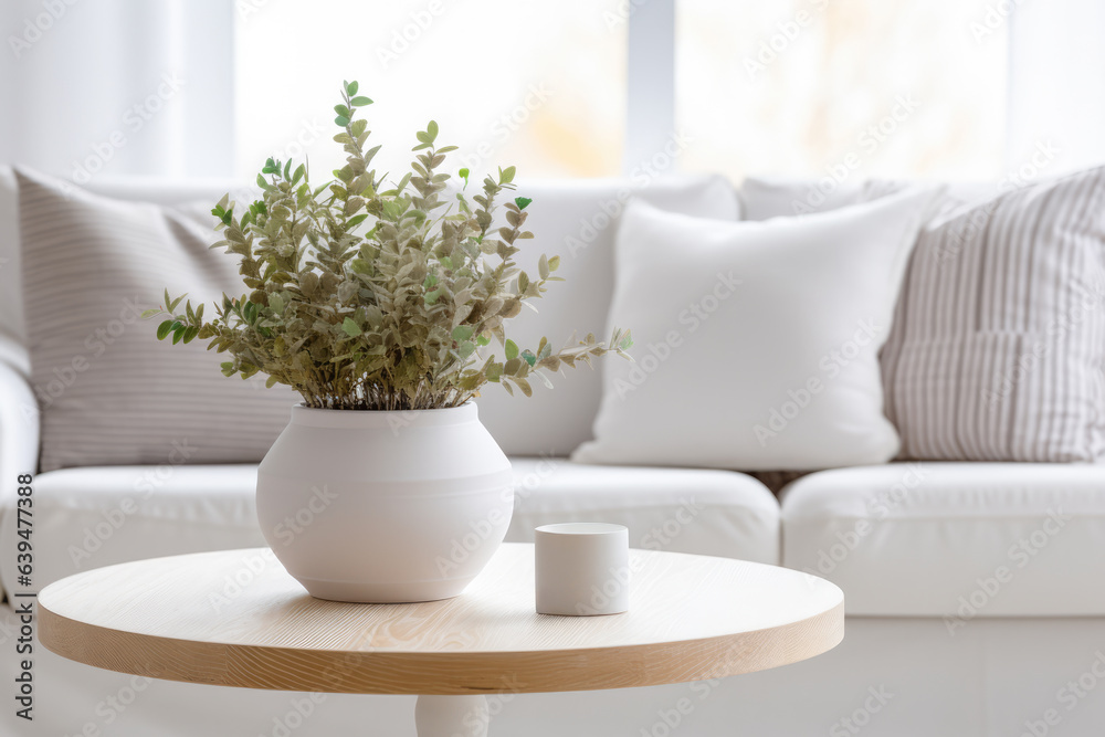 Close up of a sofa, coffee table and plants in a minimalistic living room staging Close up of a sofa, coffee table and plants in a minimalistic living room staging