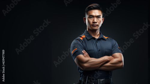 A straightforward shot of a confident male worker with his arms crossed. industrial construction worker