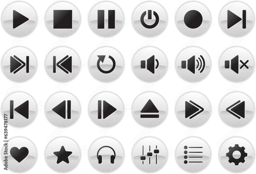 Media Player Button. Multimedia symbols and audio, music speaker volume white icons.