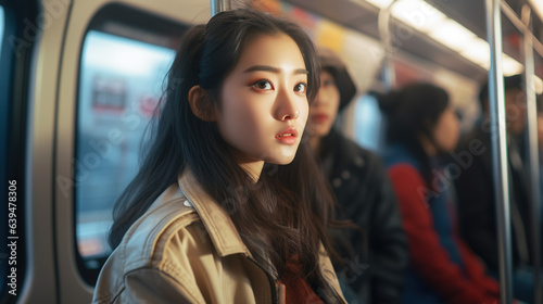 A Female passenger smiling beautiful white Asian model in close-up driving public transport subway people behind sitting on the seat drive to the train station