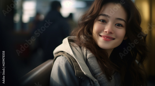 A Female passenger smiling beautiful white Asian model in close-up driving public transport subway people behind sitting on the seat drive to the train station
