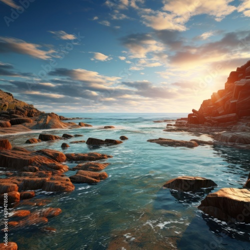 A photorealistic landscape background of sea setting