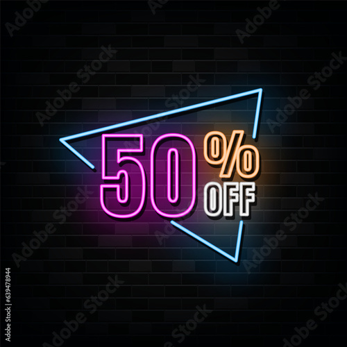 Neon 50 Percent off, Special Offers, Discount Neon Signs Vector Design Template Neon Style