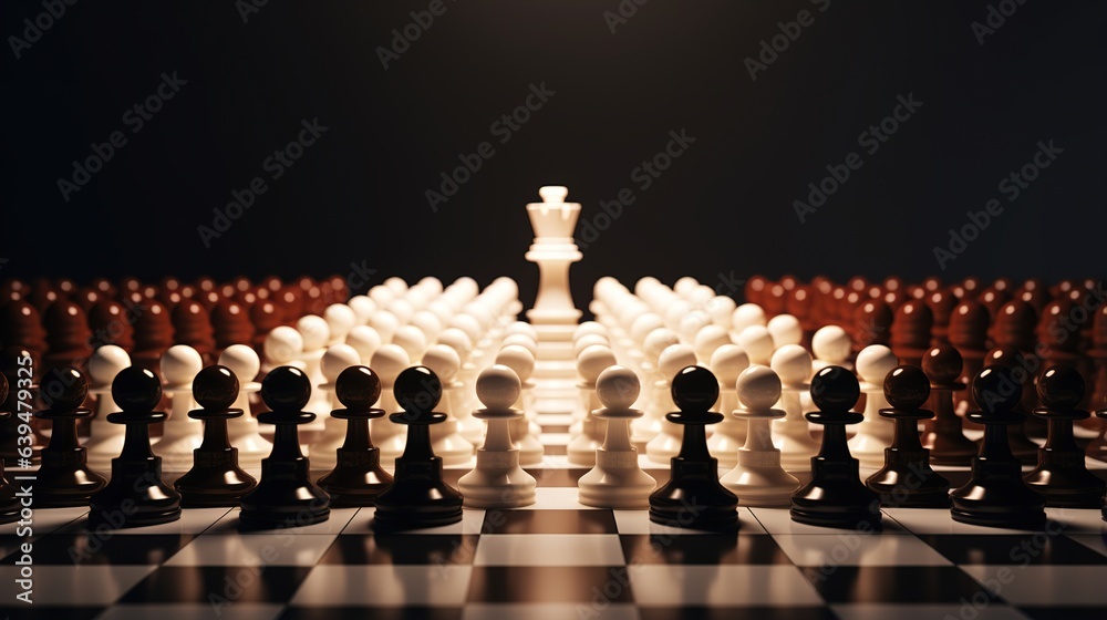 Black and white chess pieces set up on a board ready for a strategic battle of minds Black and white chess pieces set up on a board ready for a strategic battle of minds
