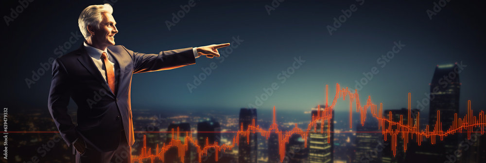 A  Businessman pointing arrow up and analysis graph of business growth, Business development to success and growth, economy, finance and investment, business strategy and planning to corporate.