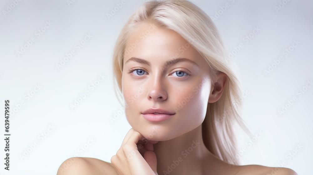 Naklejka premium Radiant Beauty: A captivating portrait of a young woman with flawless skin, piercing blue eyes, and long flowing blonde hair, exuding natural beauty and confidence.