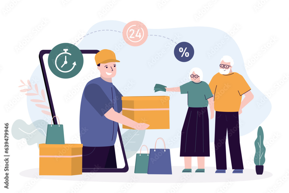Elderly couple pays for parcel. Concept of e-commerce and online shopping. Express delivery service. Aged people pays for order in cash. Courier delivered package to buyer.