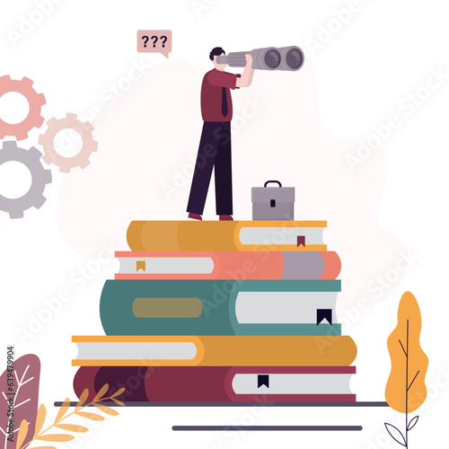 Businessman standing on books stack. knowledge or education for future job. Business skills for career opportunity. MBA education. Challenge and personal improvement.