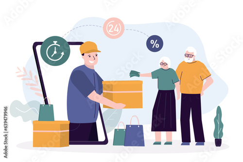 Elderly couple pays for parcel. Concept of e-commerce and online shopping. Express delivery service. Aged people pays for order in cash. Courier delivered package to buyer.