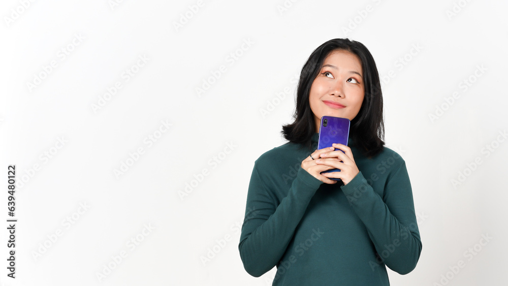 Holding Smartphone Looking up and Thinking Gesture Of Beautiful Asian Woman Isolated On White Background Holding Smartphone Looking up and Thinking Gesture Of Beautiful Asian Woman Isolated On White Background