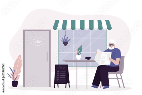 Elderly man sits at table in street cafe and reads newspaper. Morning coffee, pastime. Grandpa life style. Reading press and drinking coffee. Retirement, time management.