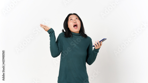 Holding Smartphone shocked and looking up Of Beautiful Asian Woman Isolated On White Background