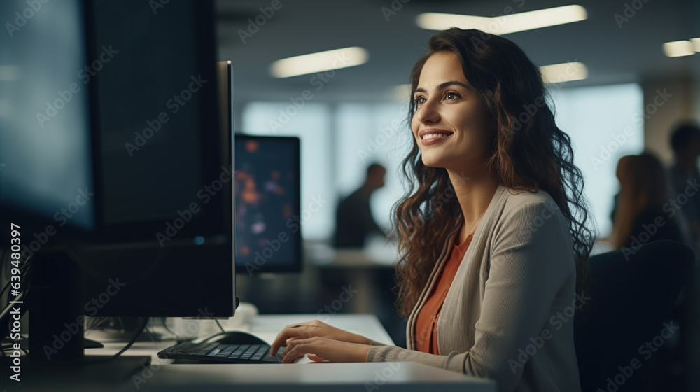 A Side view portrait of a beautiful smiling woman sitting on a computer in the office and looking at the camera. A Side view portrait of a beautiful smiling woman sitting on a computer in the office and looking at the camera.