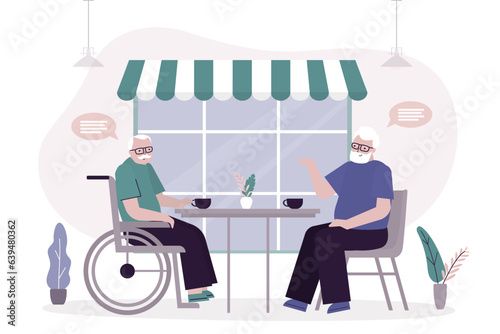 Two elderly man sitting at table in cafe. Relationship, happy grandfathers talking and drink coffee.