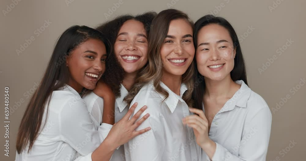Women, group skincare and beauty with love, hug and support in diversity and inclusion on brown studio background. Friends, model or people smile together and kiss in dermatology, skin care or makeup Women, group skincare and beauty with love, hug and support in diversity and inclusion on brown studio background. Friends, model or people smile together and kiss in dermatology, skin care or makeup