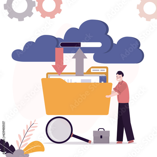 Internet hosting concept, online service for file management and digital information storage, user man loading files and folders in cloud. Web database