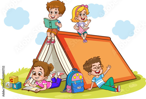 Illustration of Stickman Kids Reading a Book Inside a Tent on a Sunny Day