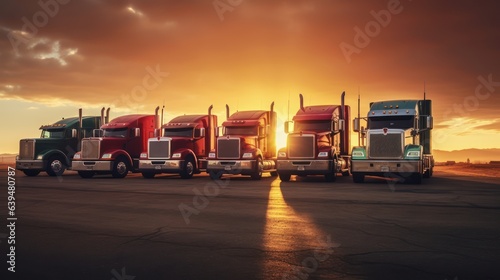 Row of big truck with sunset background 