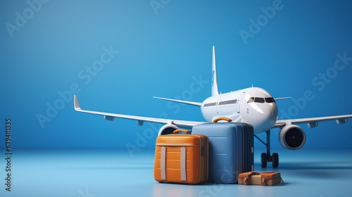 Suitcase and plane restored on blue background
