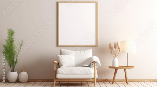 The interior design of the harmonized living room with a mock-up poster © EmmaStock