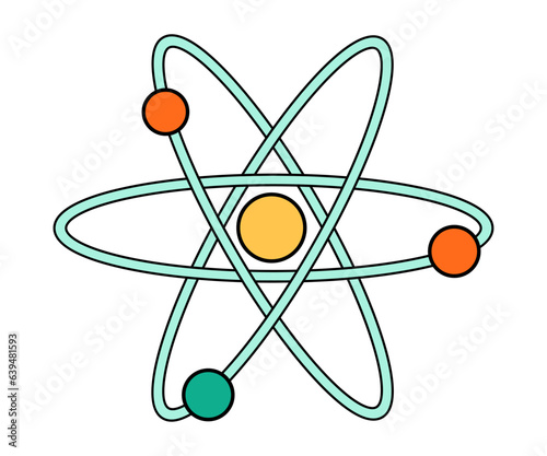 Science school atom education icon. Chemistry and physics laboratory cartoon symbol of nuclear energy. Bold bright atomic structure - nucleus, orbital electrons. Vector illustration isolated on white.