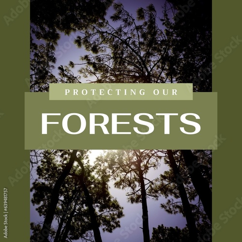 Composite of protecting our forests text and low angle view of beautiful trees growing in forest