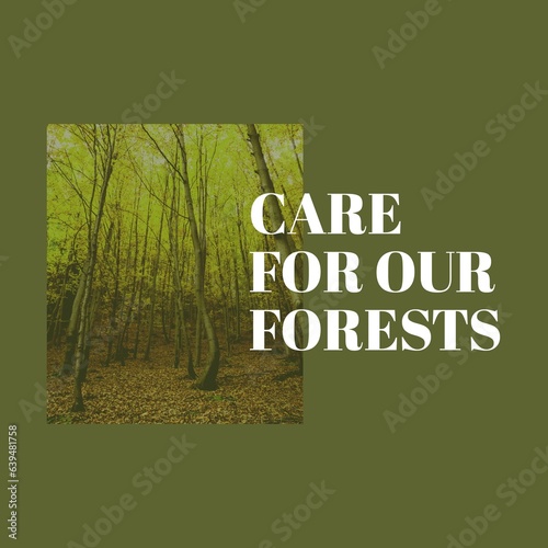 Composite of care for our forests text over beautiful view of trees growing in woodland, copy space