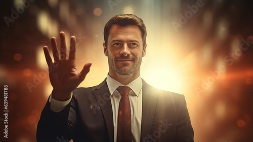 Businessman with right hand raised isolated on a fuzzy jobsite background with copy space, saying Hello, waving hand, Hello and farewell.