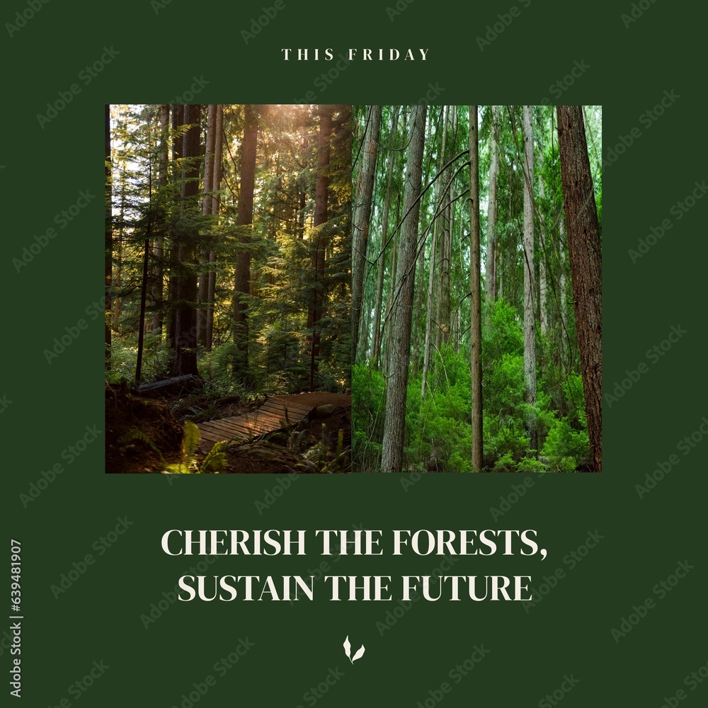 Fototapeta premium This friday, cherish the forests, sustain the future text and tree trunks growing in woodland