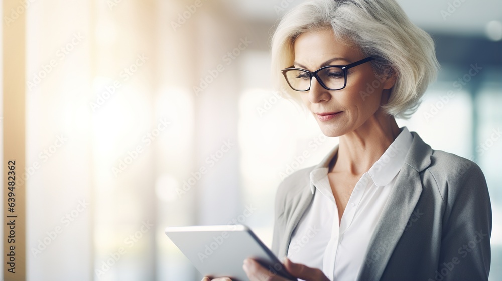 senior businesswoman using digital tablet device in office senior businesswoman using digital tablet device in office